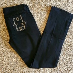 BEBE black jeans, rhinestones on the bottom pockets